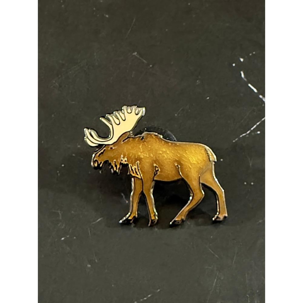 Enameled Mini Moose Tie Brooch Lapel Pin Gold and Brown Tone